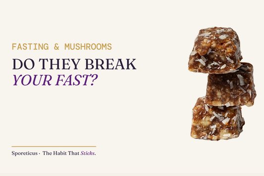 Sporeticus blog hero: FASTING AND MUSHROOMS. Do they break your fast? With a stack of Sporeticus Energy Bites.