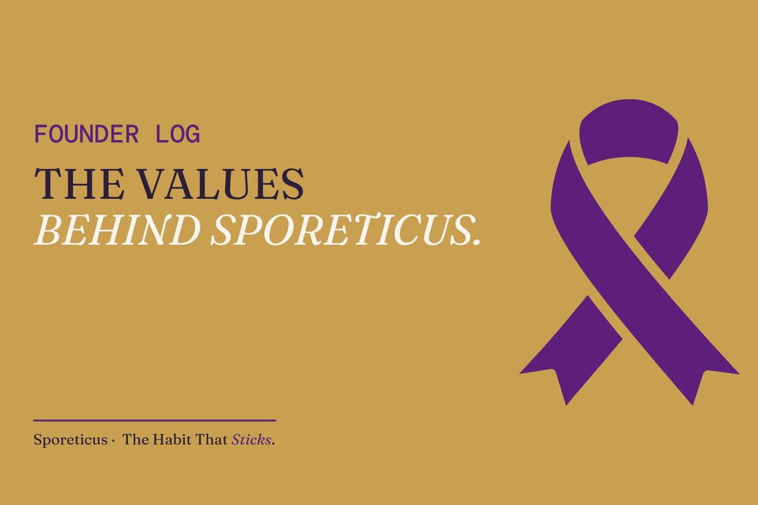 Sporeticus blog hero on gold with purple ribbon, eyebrow FOUNDER LOG, headline The values behind Sporeticus.