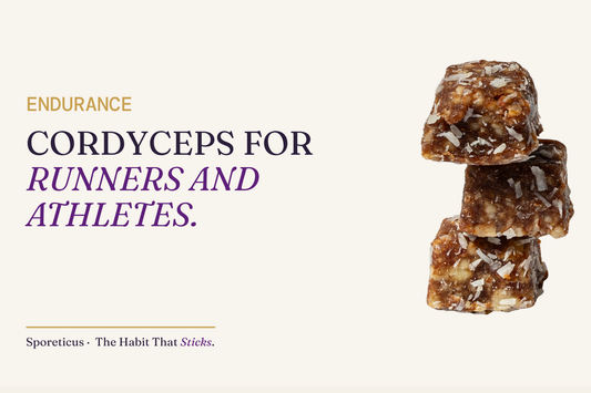 Sporeticus blog hero: ENDURANCE. Cordyceps for runners and athletes. With a stack of Sporeticus Energy Bites.