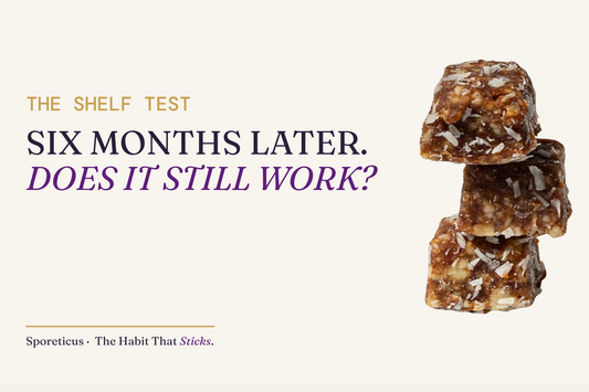 Sporeticus Energy Bites stacked on a cream background beside the headline Six months later. Does it still work? with the eyebrow The Shelf Test.
