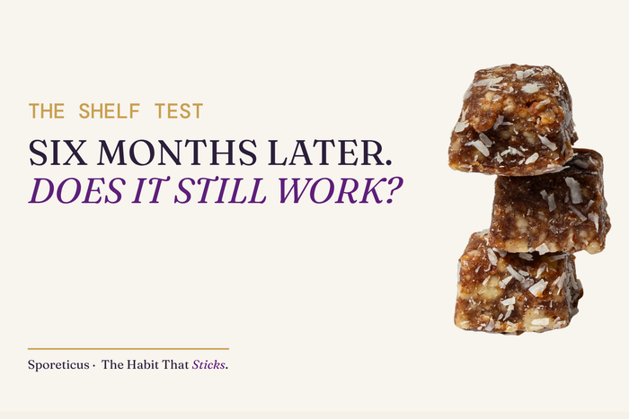 Sporeticus Energy Bites stacked on a cream background beside the headline Six months later. Does it still work? with the eyebrow The Shelf Test.