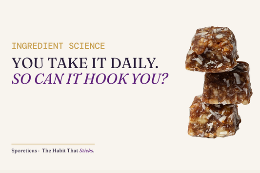 Sporeticus blog hero on a cream and royal purple background. The eyebrow reads INGREDIENT SCIENCE and the headline reads You take it daily, so can it hook you, beside a stack of Sporeticus mushroom energy bites.