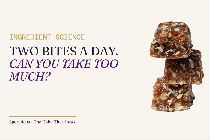 Cream and royal graphic with a stack of Sporeticus mushroom energy bites. Eyebrow reads Ingredient Science. Headline reads Two bites a day. Can you take too much?