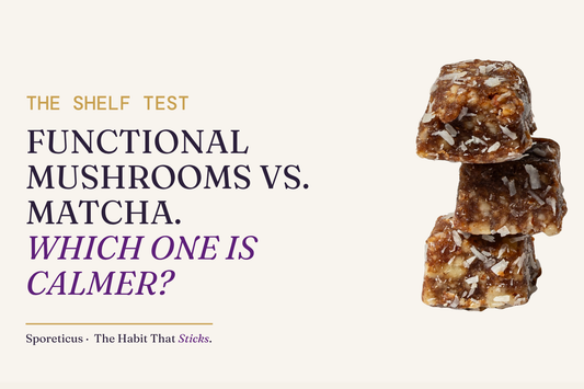 Sporeticus blog hero: THE SHELF TEST. Functional mushrooms vs. matcha. Which one is calmer? With a stack of Sporeticus Energy Bites.