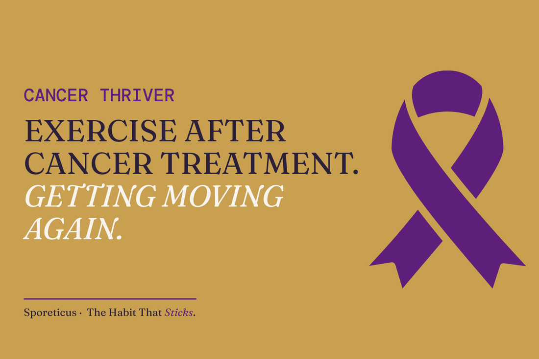 Sporeticus blog hero on gold: CANCER THRIVER. Exercise after cancer treatment. Getting moving again. With a purple awareness ribbon.