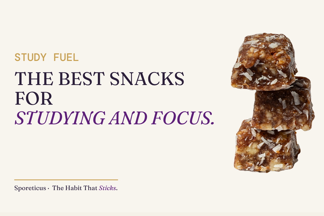 Sporeticus blog hero: STUDY FUEL. The best snacks for studying and focus. With a stack of Sporeticus Energy Bites.