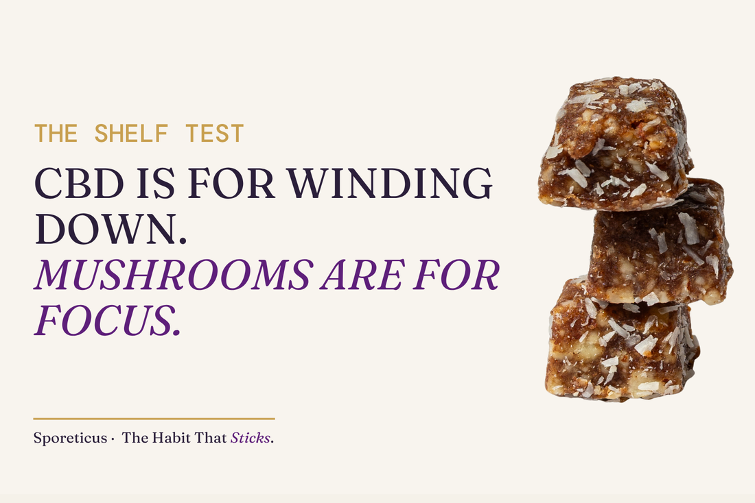 Sporeticus hero graphic with a stack of Energy Bites and the headline: CBD is for winding down. Mushrooms are for focus.