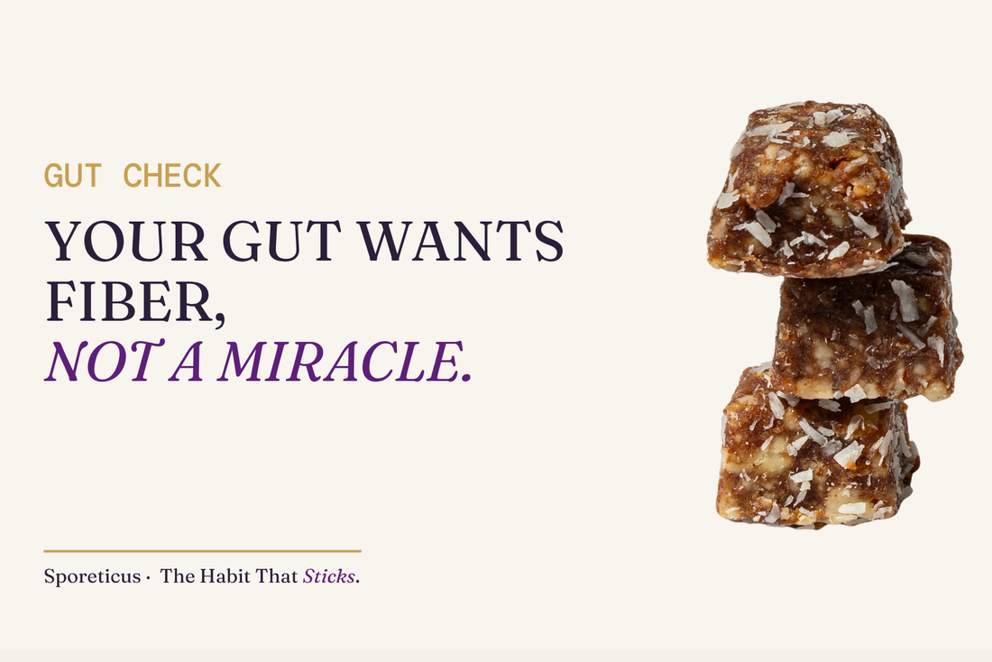 Sporeticus blog hero with a gold GUT CHECK label above the headline Your gut wants fiber, not a miracle, beside a stack of Sporeticus energy bites on a cream background.