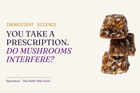 Sporeticus blog hero on a royal cream background: the eyebrow Ingredient Science over the headline You take a prescription. Do mushrooms interfere?, beside a stack of Sporeticus Energy Bites.