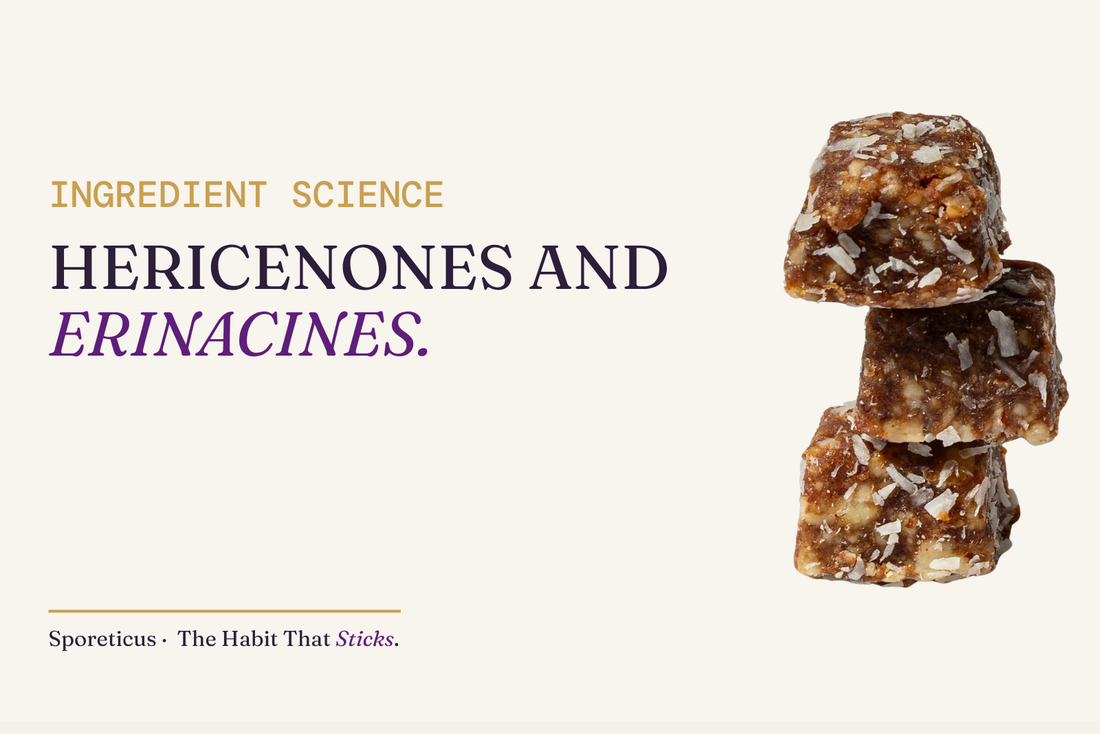 Sporeticus blog hero: INGREDIENT SCIENCE. Hericenones and erinacines. With a stack of Sporeticus Energy Bites.
