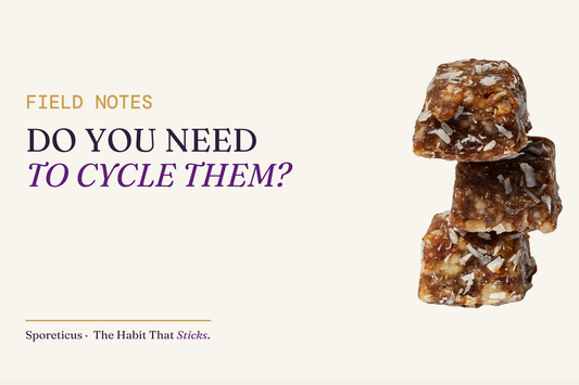 Sporeticus blog hero: FIELD NOTES. Do you need to cycle them? With a stack of Sporeticus Energy Bites.