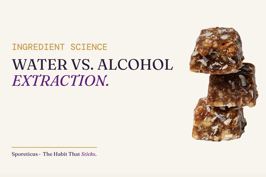 Sporeticus blog hero: INGREDIENT SCIENCE. Water vs. alcohol extraction. With a stack of Sporeticus Energy Bites.