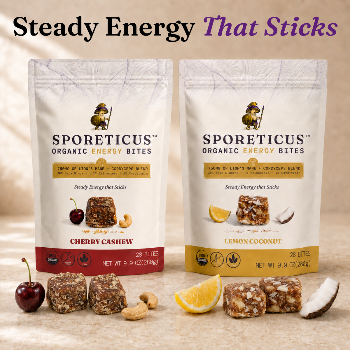 Two stand-up pouches of Sporeticus Organic Energy Bites are shown on a light beige surface with fruit and nut pieces in front. The left pouch is Cherry Cashew, and the right pouch is Lemon Coconut.