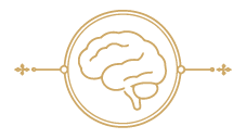 A minimalist gold line art icon of a human brain inside a circular frame with decorative arrows on either side, shown on a plain white background.