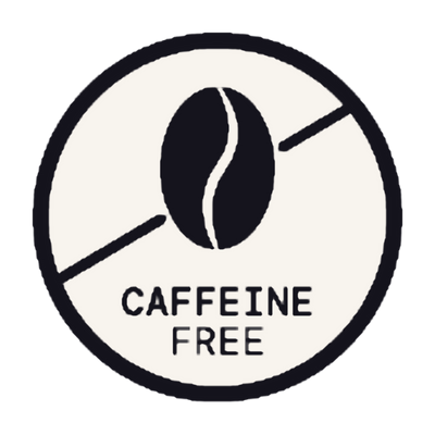 A circular black and off-white graphic with a coffee bean icon and the words 'CAFFEINE FREE'.