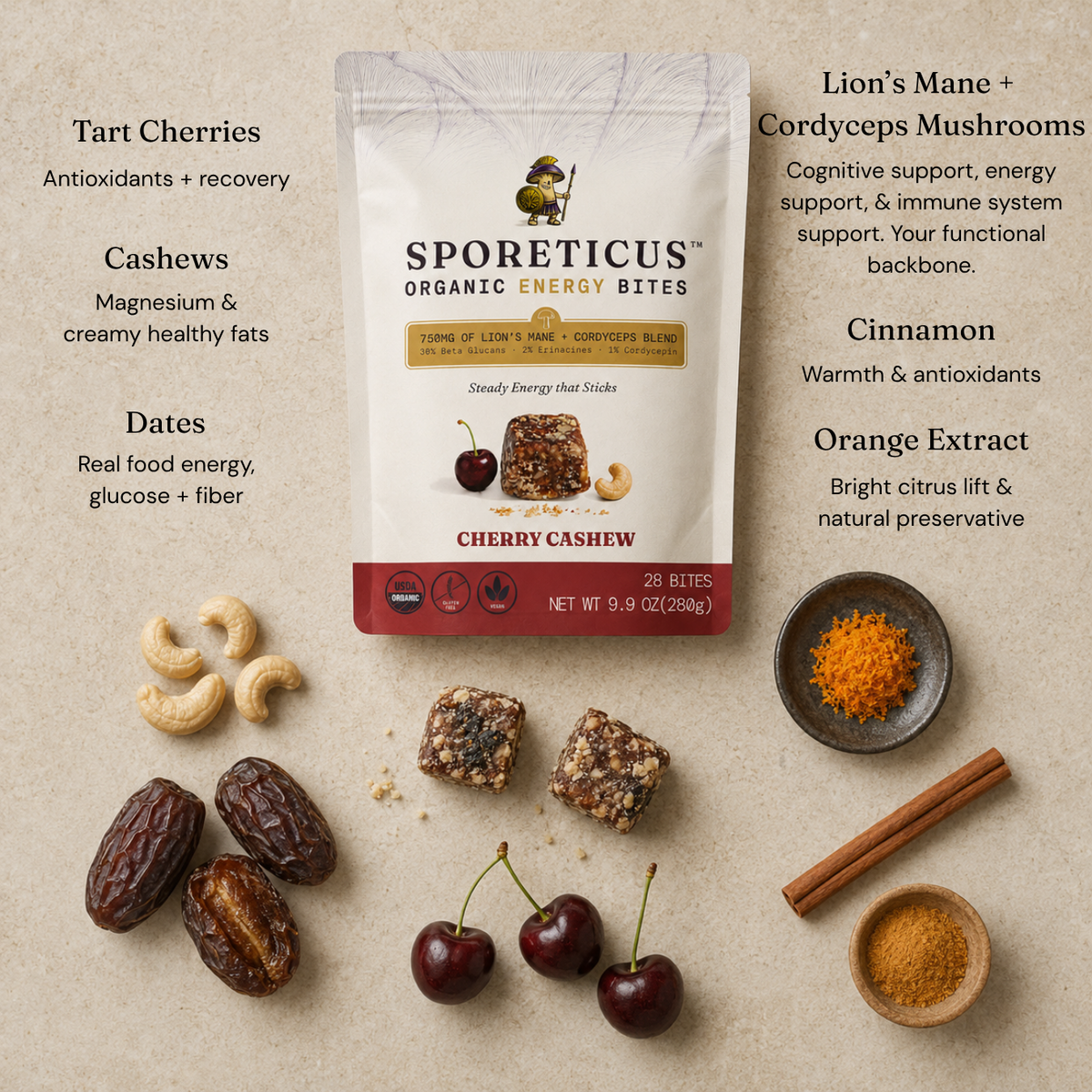 A package of Sporeticus Organic Energy Bites in Cherry Cashew flavor is centered on a beige textured background, surrounded by ingredients and flavor callouts: tart cherries, cashews, dates, Lion's Mane and cordyceps mushrooms, cinnamon, and orange extract.