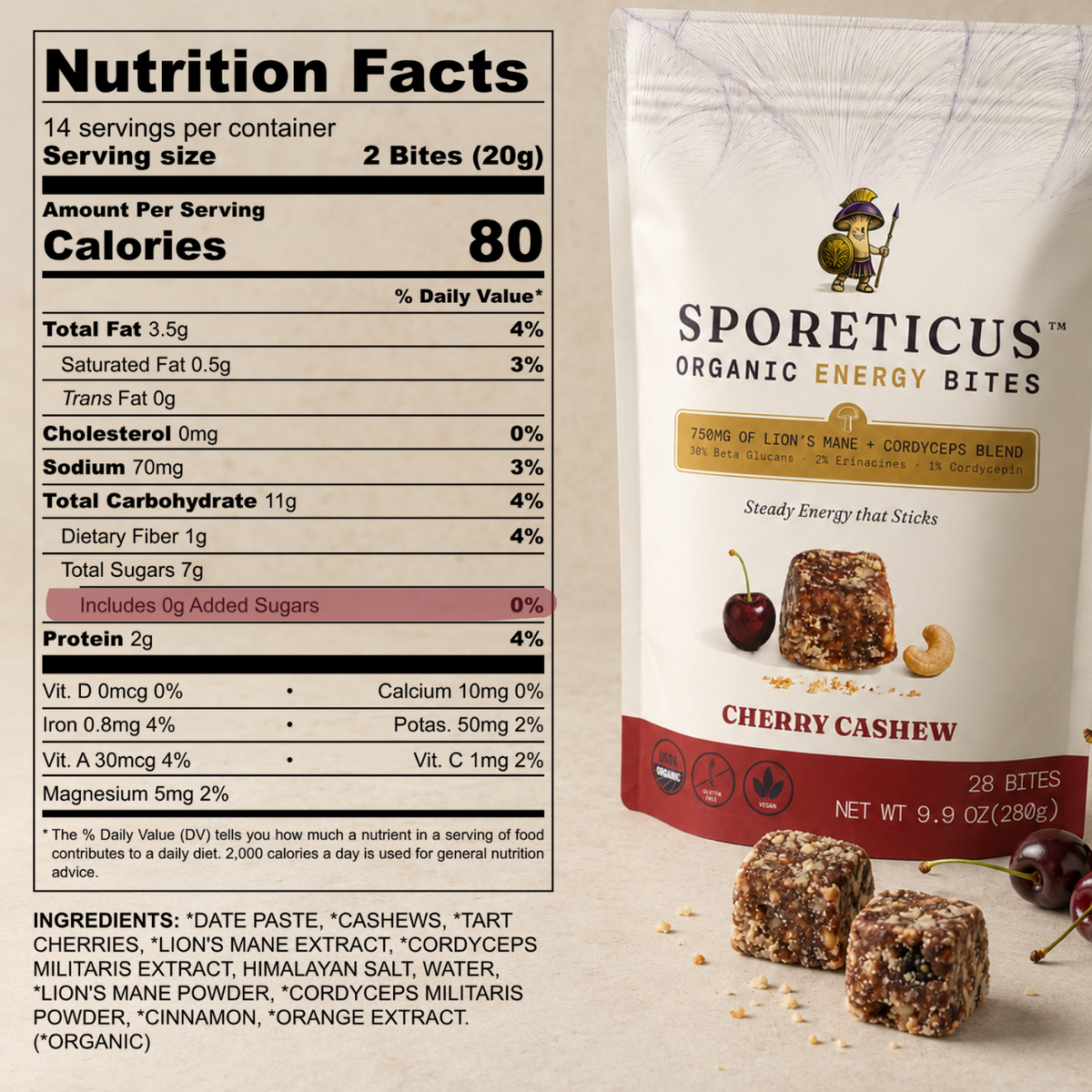 A package of Sporeticus Organic Energy Bites Cherry Cashew flavor shown next to a printed Nutrition Facts label. The bag is white with a red band, featuring a cartoon lion character and product imagery of chocolate-dusted cashews and cherries.