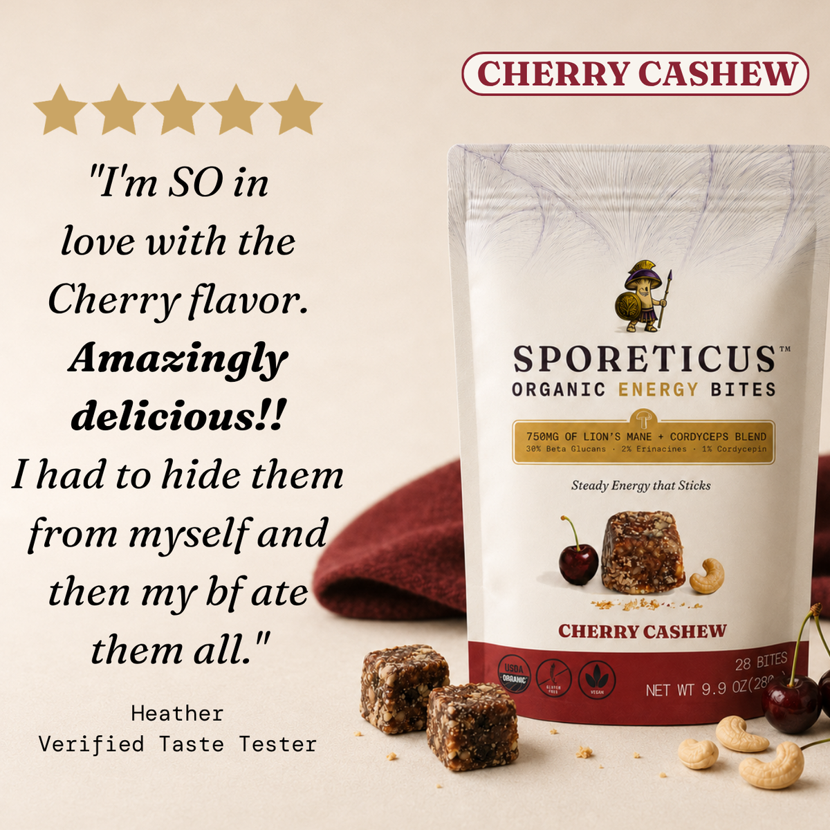Sporeticus Organic Energy Bites Cherry Cashew flavor in a white resealable pouch, shown with two bite pieces in front, cherries, cashews, a quote, and a five-star graphic on a beige background.