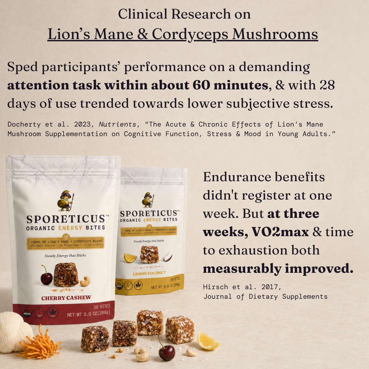 Clinical research on Lion's Mane and Cordyceps Mushrooms, both used in both flavors of Sporeticus Energy Bites