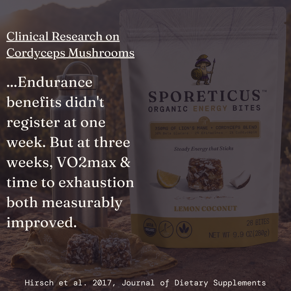 A stand-up pouch of Sporeticus Organic Energy Bites labeled Lemon Coconut, shown outdoors with two small energy bites in front. Large text on the left discusses clinical research on cordyceps mushrooms and improved VO2max and time to exhaustion.