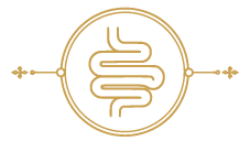 A gold line-art logo featuring a stylized intestine inside a circular frame, with small decorative arrows extending left and right on a white background.