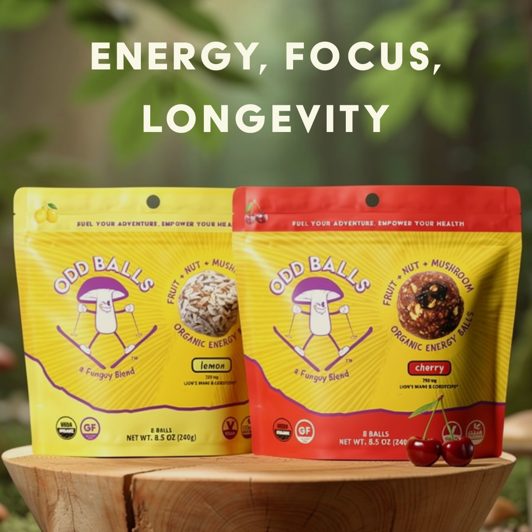 Sporeticus Daily Momentum organic mushroom energy bites, Cherry Cashew and Lemon Coconut