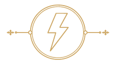 A minimalist gold line art icon featuring a central lightning bolt enclosed in a circle, with small decorative arrows extending from the left and right sides, shown on a plain white background.