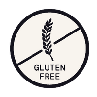 A circular black and off-white 'Gluten Free' icon featuring a wheat stalk crossed out with a diagonal line, centered on a white background.