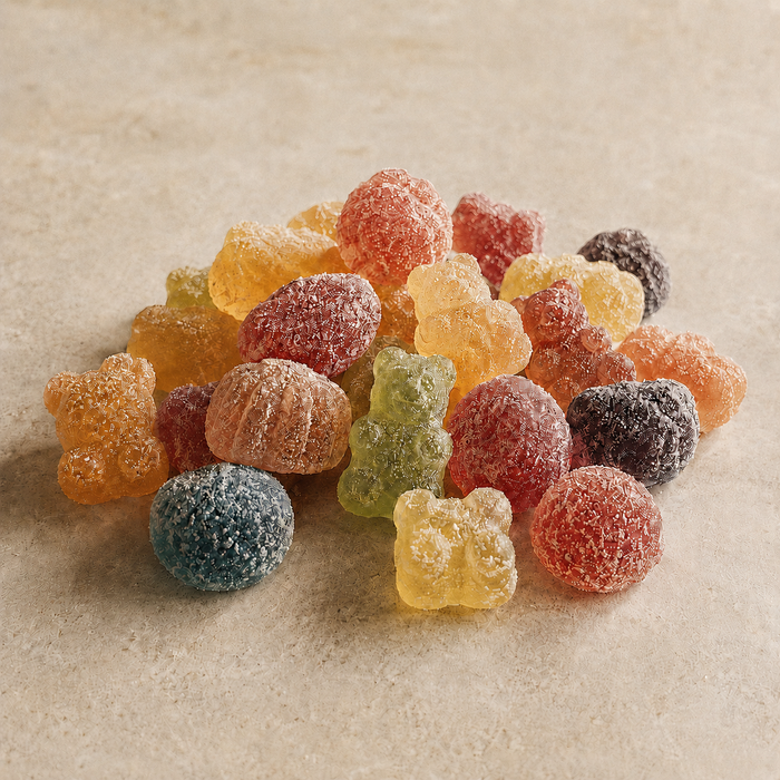A pile of assorted sugar-coated gummy supplement candies in multiple colors, including yellow, orange, red, green, blue, and dark purple, arranged on a light beige textured surface.