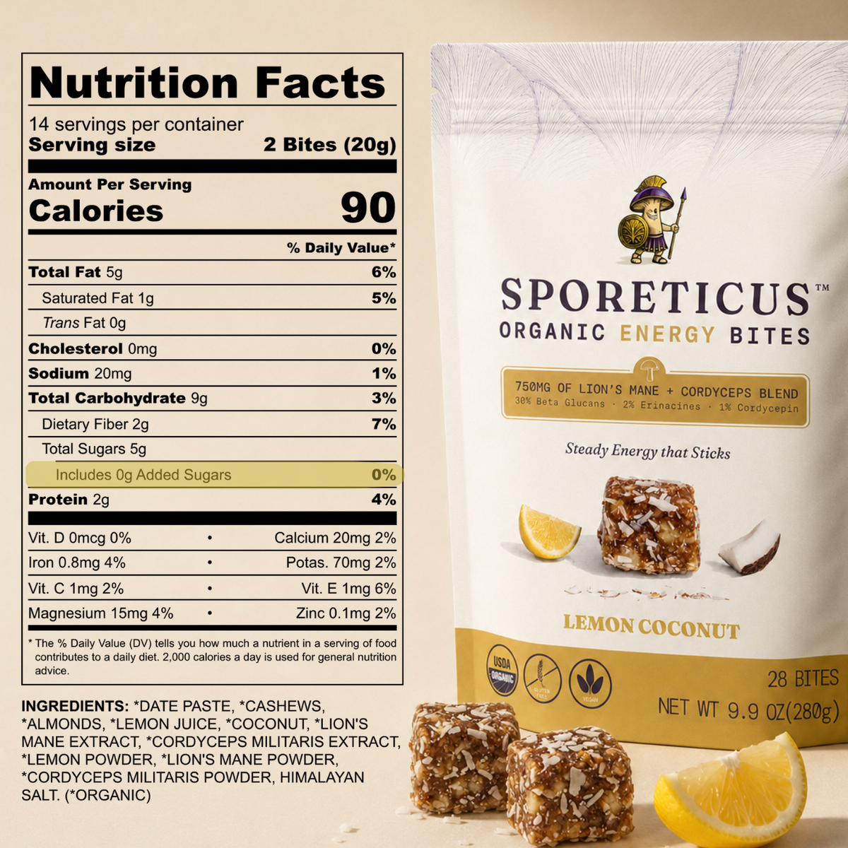 Spreticus Organic Energy Bites Lemon Coconut flavor packaging shown next to a Nutrition Facts label and loose energy bites on a white background.