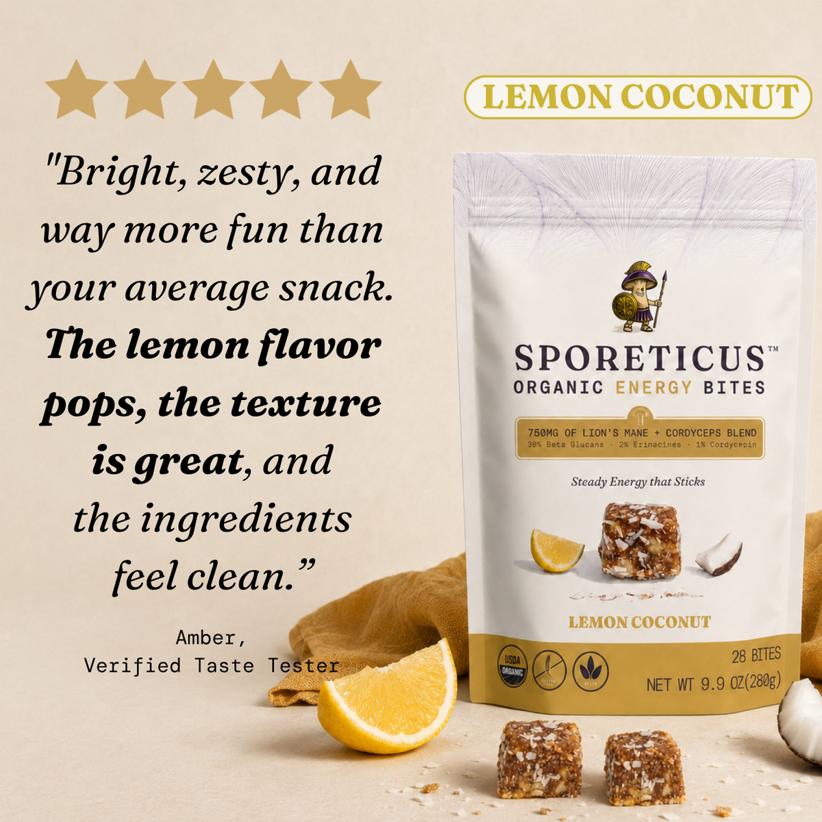 A stand-up pouch of Sporeticus Organic Energy Bites in Lemon Coconut flavor, shown on a warm beige background with a quote, star rating, lemon slice, cookie, and a few loose bites. The package is white with tan and green accents and features the Sporeticus brand name and mascot.