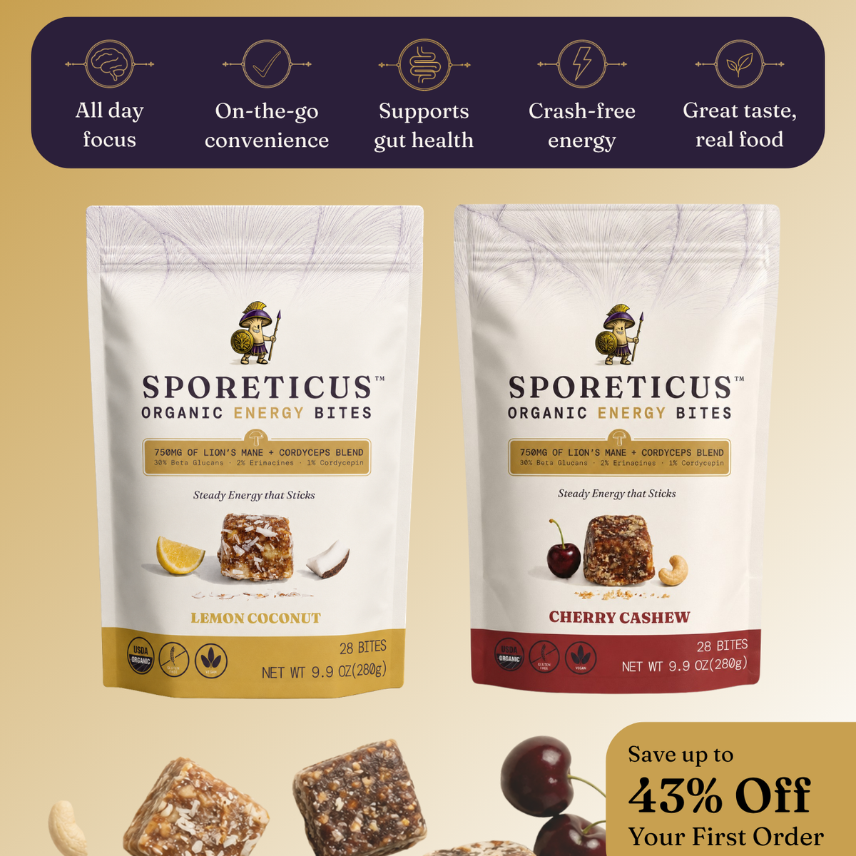 Two stand-up pouches of Sporeticus Organic Energy Bites are shown on a beige background with promotional text. The left pouch is Lemon Coconut and the right is Cherry Cashew.