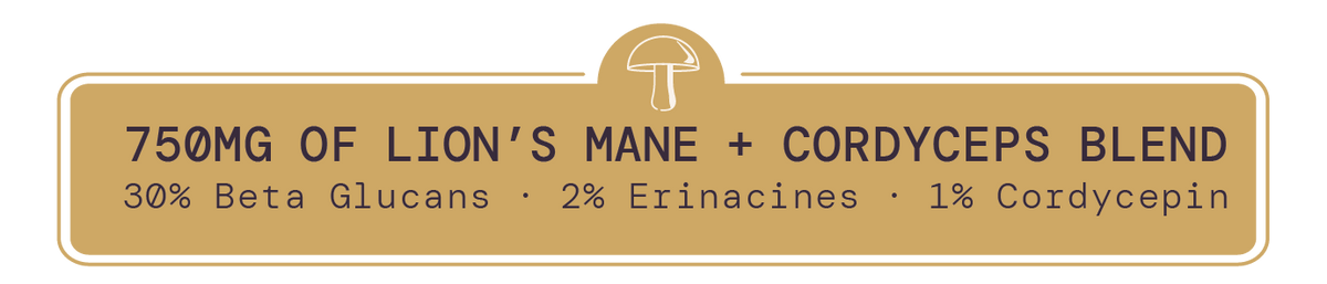 A tan rectangular label with rounded corners on a white background, featuring dark brown text that reads '750MG OF LION'S MANE + CORDYCEPS BLEND' and smaller text below listing ingredients. A small mushroom icon appears above the text.