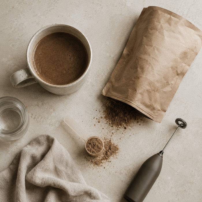 A styled flat-lay of a brown paper pouch of mushroom powder grounds with some spilled onto a light stone surface, alongside a ceramic mug of coffee, a small glass jar, a scoop, and a milk frother.