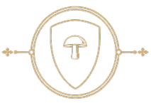 A gold-colored embroidered or printed emblem featuring a shield with a mushroom inside, enclosed in a circular border with small decorative cross-like elements on the sides.