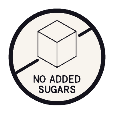 A circular black and off-white graphic with a simple cube icon in the center and the text 'NO ADDED SUGARS' below it.