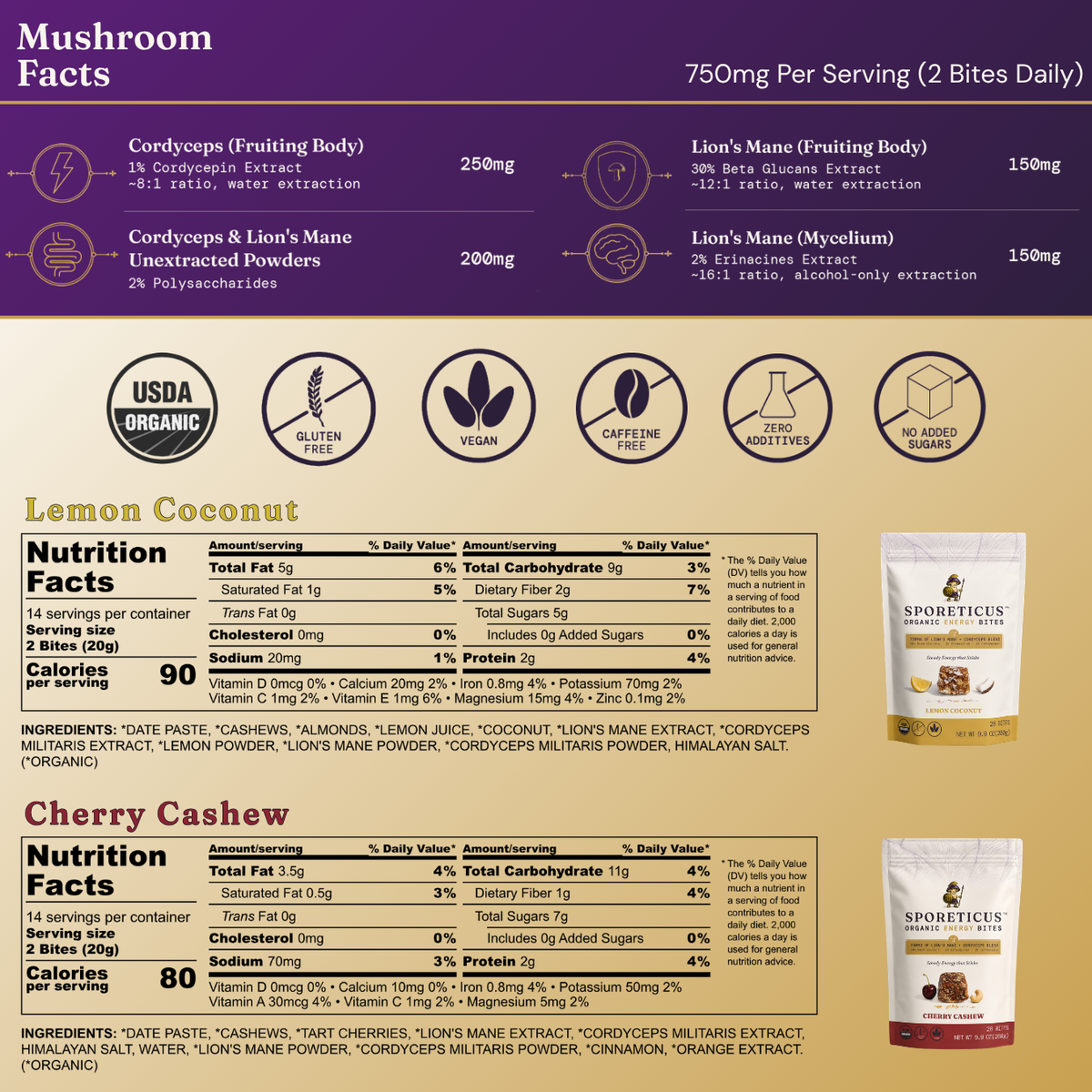 A nutrition and ingredient information graphic for Spotlightz Mushroom Extracts, showing tables for Lemon Coconut and Cherry Cashew products with serving sizes, calories, nutrients, and ingredients on a beige and brown background.