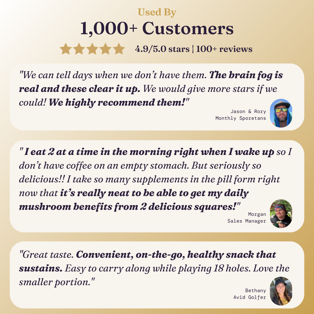 Promotional graphic with testimonials for a mushroom wellness bite. The design features a warm beige and gold gradient background with three white rounded rectangles containing customer reviews, star ratings, and small circular photos of the reviewers.