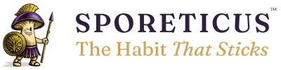 Sporeticus logo featuring a cartoon ancient Greek or Roman soldier wearing a purple helmet and holding a spear, next to the brand name 'SPORETICUS' in dark purple and the tagline 'The Habit That Sticks' in gold on a white background.