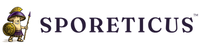 Sporeticus logo featuring a small cartoon warrior holding a spear and shield next to the brand name in dark purple text on a white background.