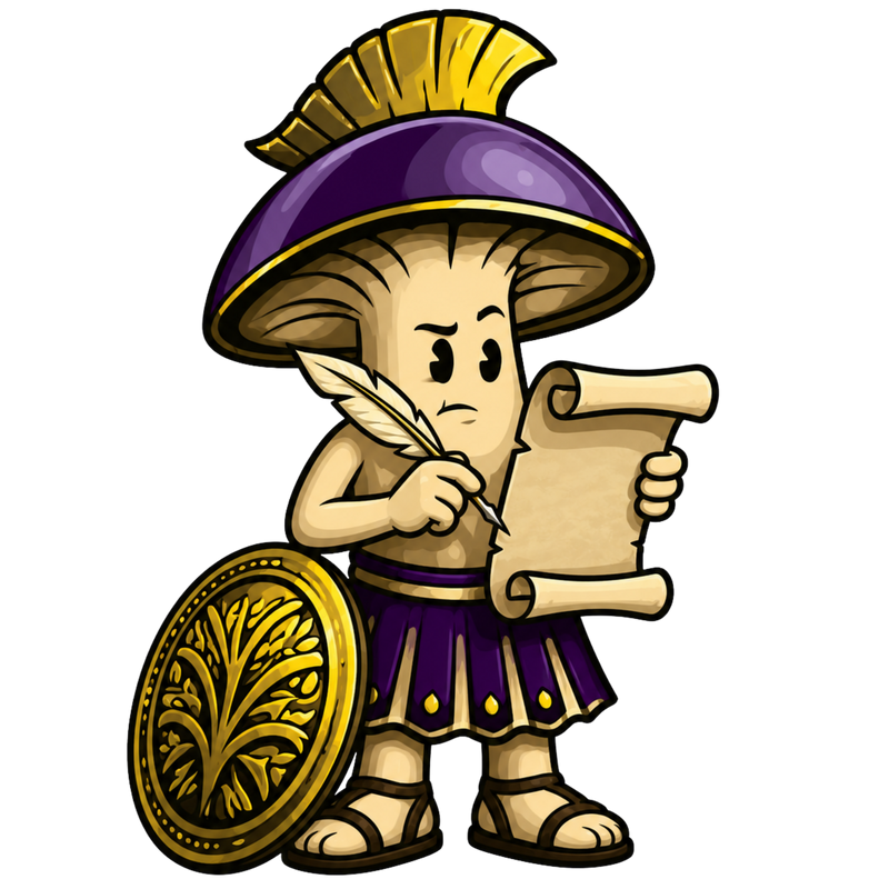 A cartoon illustration of a mushroom-like character dressed as a gladiator, wearing a purple helmet with a gold crest, a purple skirt with gold trim, sandals, a round gold shield, and holding a scroll and a feather quill, on a plain white background.