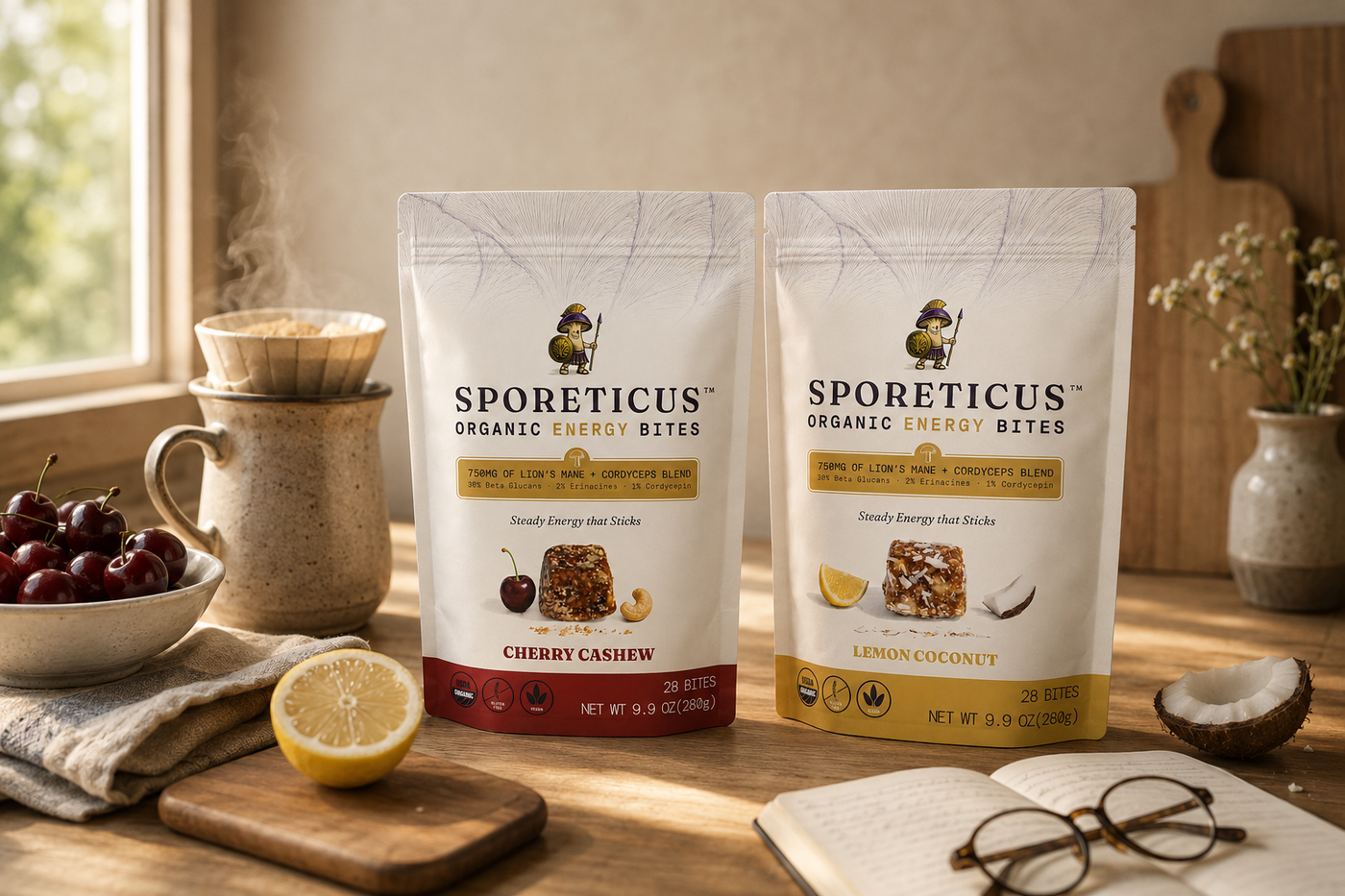 Two stand-up pouches of Sporematicus Organic Energy Bites are displayed on a wooden table in a warm, rustic kitchen setting. The left pouch is Cherry Cashew, and the right pouch is Lemon Coconut.