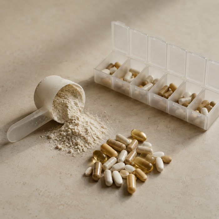 A translucent plastic scoop filled with light beige powder lies on its side with the powder spilled onto a beige surface. A clear plastic multi-compartment pill organizer and scattered capsules in white, tan, and gold are arranged nearby.