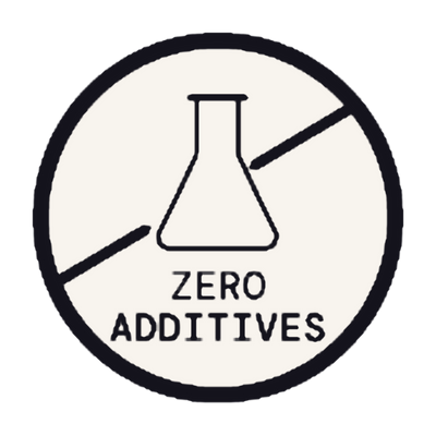 A circular black and off-white graphic with a beaker icon and the words 'ZERO ADDITIVES' inside a crossed-out circle symbol.
